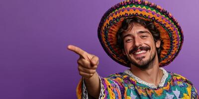 Colorful celebration featuring a man in traditional attire smiling and pointing against a vibrant purple backdrop photo