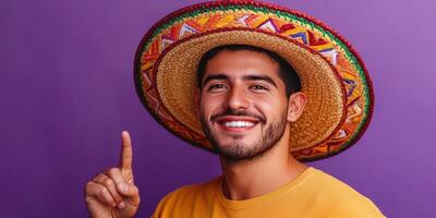 Young man wearing a colorful sombrero smiles and points in front of a vibrant purple background during a festive celebration photo