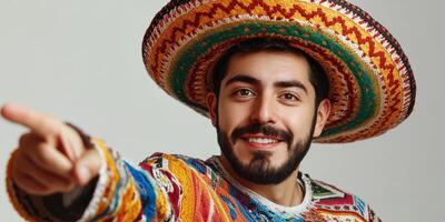 Cheerful man in colorful sweater and sombrero celebrating culture during a festive occasion at a studio setting photo