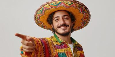Smiling man wearing traditional colorful attire and sombrero pointing with enthusiasm photo
