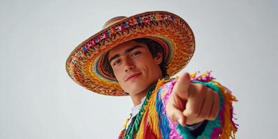 Young performer in colorful sombrero and poncho poses confidently for celebration event photo