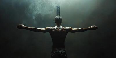 Powerful figure with outstretched arms stands before a large metallic block in a dramatic, dimly lit environment photo