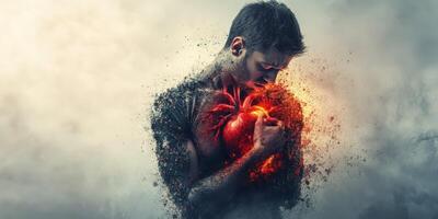 Emotional portrait of a man holding a glowing heart in a surreal, misty atmosphere photo