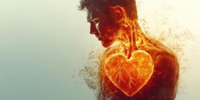Human figure with glowing heart symbolizing passion and vitality in an artistic representation of love and life photo