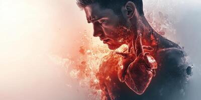 Artistic representation of a man expressing inner emotions through the imagery of a heart at dawn photo