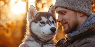 Man holds a husky puppy outdoors during sunset surrounded by autumn foliage photo