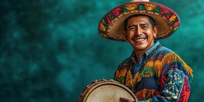Musician in colorful traditional attire plays drum in vibrant setting at outdoor festival photo