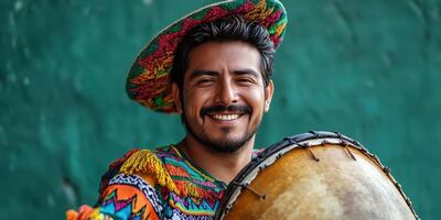 Man in colorful attire smiles while playing a traditional drum at a cultural celebration in a vibrant outdoor setting photo