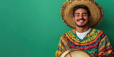 Happy man in colorful traditional clothing plays drum against a green background photo