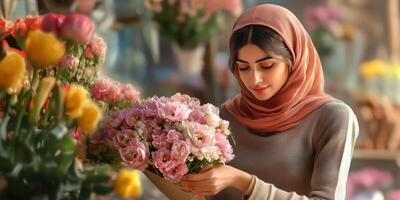 Woman admires a bouquet of pink flowers while wearing a hijab in a vibrant flower shop photo