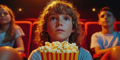 Children enjoy a movie in a theater while watching a film with popcorn in hand photo