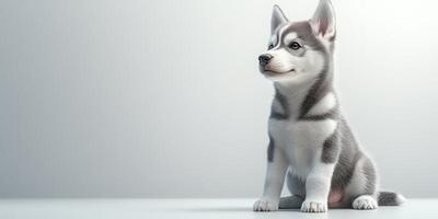 Cute husky puppy sitting calmly against a light gray background, showcasing its striking features and playful demeanor photo