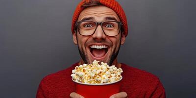 Man enjoying popcorn with excitement in a cozy indoor setting during leisure time photo