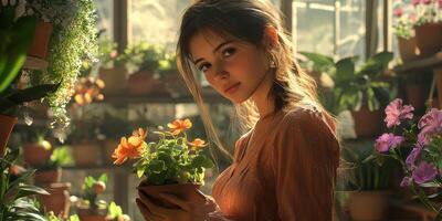 Woman holds a pot of vibrant flowers in a sunlit greenhouse filled with greenery and colorful blooms photo