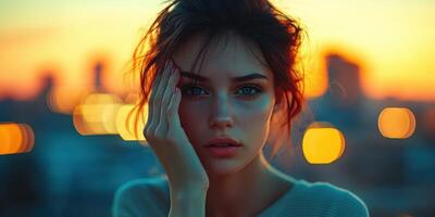 Young woman with striking eyes poses against a vibrant sunset backdrop in an urban setting photo