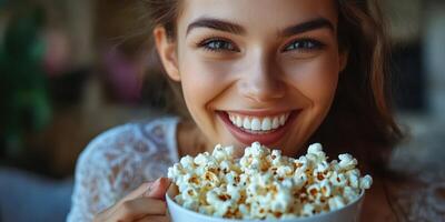 Smiling young woman enjoys a bowl of fresh popcorn while sitting indoors in a cozy atmosphere during a movie night photo