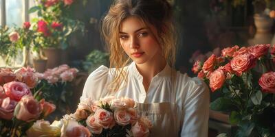 Young woman arranging roses in a floral shop during the afternoon light near a window photo