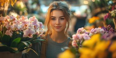 Young woman smiling among colorful flowers in a vibrant market setting during the golden hour photo