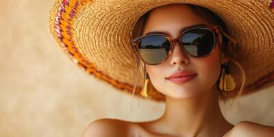 Beautiful woman in a wide-brimmed hat and sunglasses enjoying a sunny day outdoors in a natural setting photo