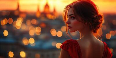 Enchanting evening view of a woman admiring a city skyline at sunset photo