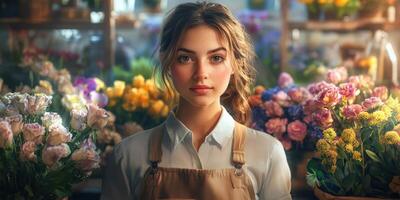 Young woman surrounded by colorful flowers in a vibrant flower shop during daylight hours photo