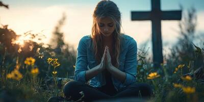 Meditative girl with clasped hands surrounded by flowers near a cross at dusk photo