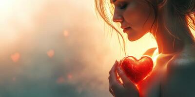 Radiant silhouette of a woman holding a glowing heart against a warm background at dusk photo