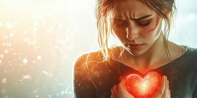 Emotional woman holds glowing heart, expressing deep feelings during a reflective moment in a soft-lit environment photo