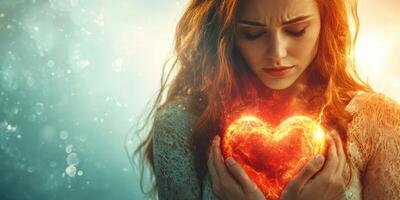 Woman holds glowing heart symbolizing passion and emotion in a surreal setting during twilight photo