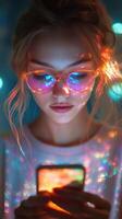 Young woman with colorful glasses looking at her smartphone in a softly lit room at night photo