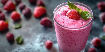 Refreshing berry smoothie garnished with mint leaves and strawberries on a dark surface photo