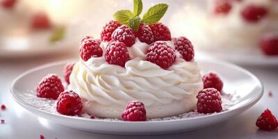 Delicious raspberry pavlova topped with fresh raspberries and mint leaves on a white plate photo