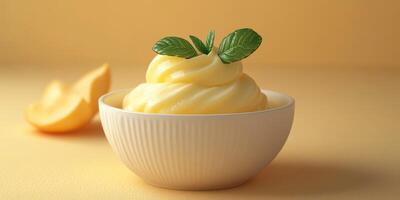 Creamy lemon sorbet served in a bowl with fresh mint leaves and lemon slices photo