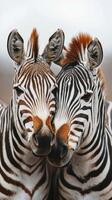Two zebras stand closely together, showcasing their striking black and white stripes in a natural habitat during daylight photo