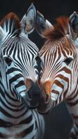 Two zebras displaying unique coloring profiles in an intimate moment in a natural habitat during daylight hours photo