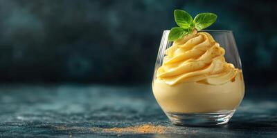 Creamy dessert topped with fresh mint leaves served in a glass on a dark textured surface photo