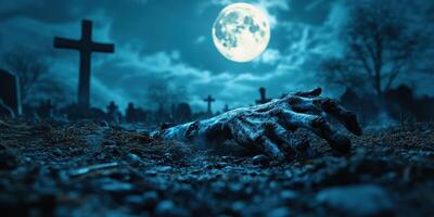 Graveyard at midnight with a skeletal hand emerging from the ground under a full moon photo
