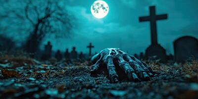 Creepy hand emerges from the ground in a moonlit cemetery at night with old tombstones silhouetted photo