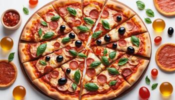 Delicious Sliced Pizza With Pepperoni, Olives, And Basil photo
