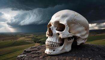 Skull On Rock During Stormy Weather Landscape photo