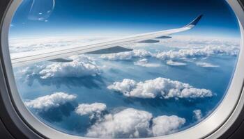 Airplane Wing and Cloudscape Viewed from Airplane Window photo