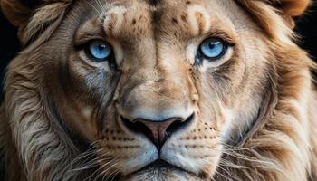Majestic Close-Up of Lion with Striking Blue Eyes Against Dark Background photo