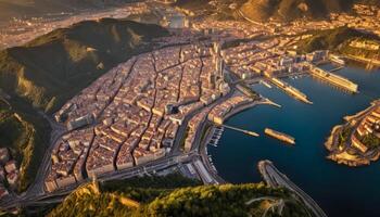 Aerial View of Coastal City with Serene Waters and Mountainous Background at Sunset photo