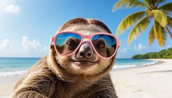 a sloth wearing sunglasses on the beach photo