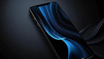 Sleek Black Smartphone with Abstract Blue Light Waves on Dark Background photo