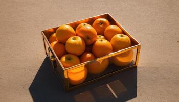 Fresh Oranges In Golden Glass Box On Sandy Surface photo