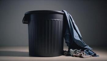 Discarded Denim Fabric in a Black Trash Can photo