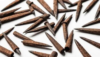 Collection of Rusty Metal Nails Spread on a White Surface with Textured Details photo
