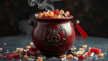 Steaming Pot Filled With Colorful Candies Sweets photo