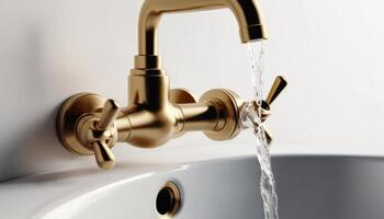 Elegant Gold Faucet Pouring Water into a Modern White Sink with Minimalist Design photo